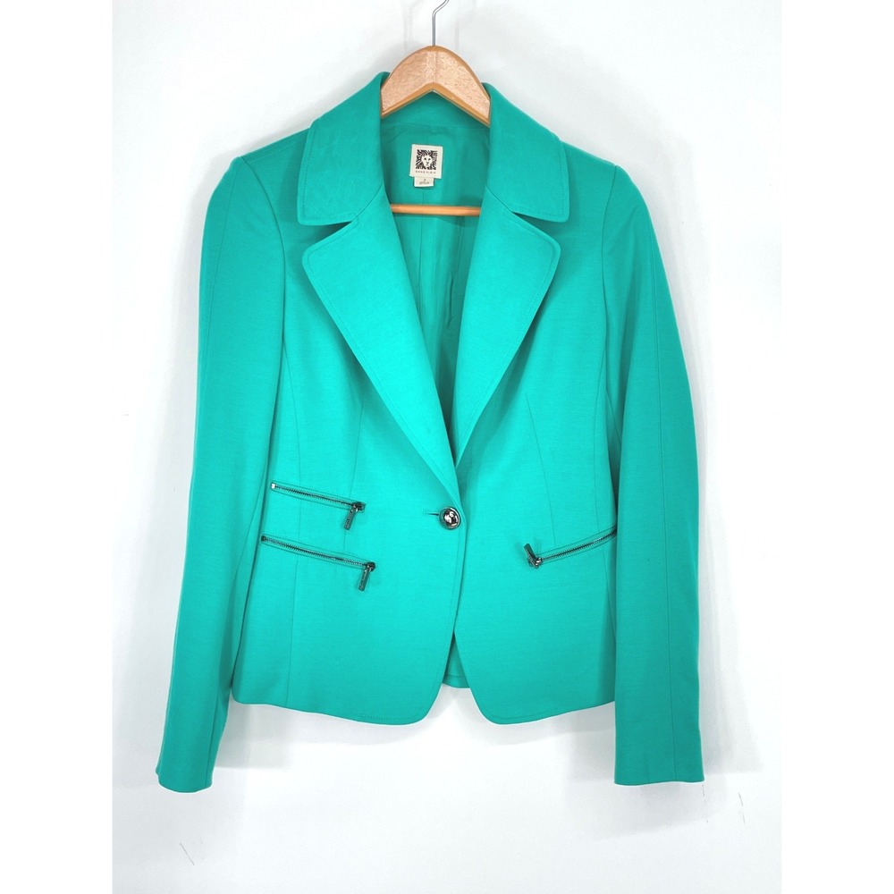 Anne Klein Women Blazer Size 2 Jacket Teal Green Zipper Biker Professional